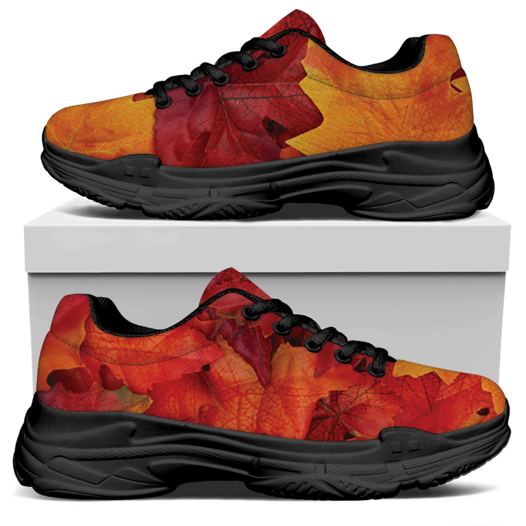 Autumn Maple Leaf Print Black Chunky Shoes