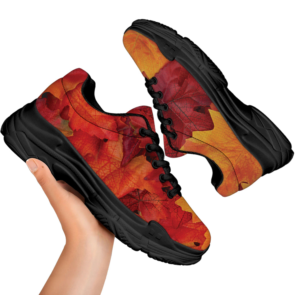 Autumn Maple Leaf Print Black Chunky Shoes