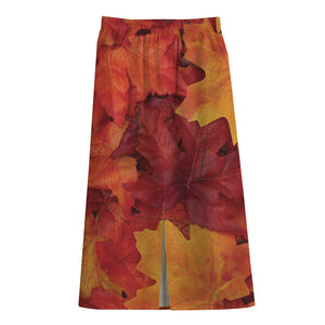 Autumn Maple Leaf Print Cotton Front Slit Maxi Skirt