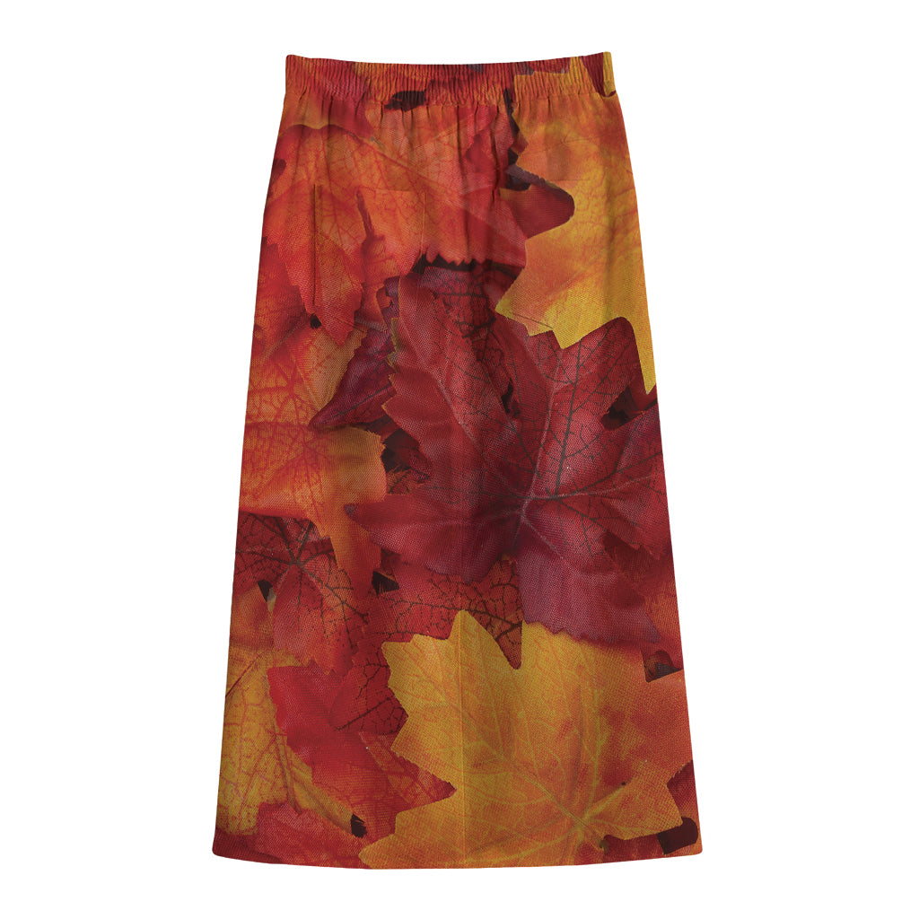 Autumn Maple Leaf Print Cotton Front Slit Maxi Skirt