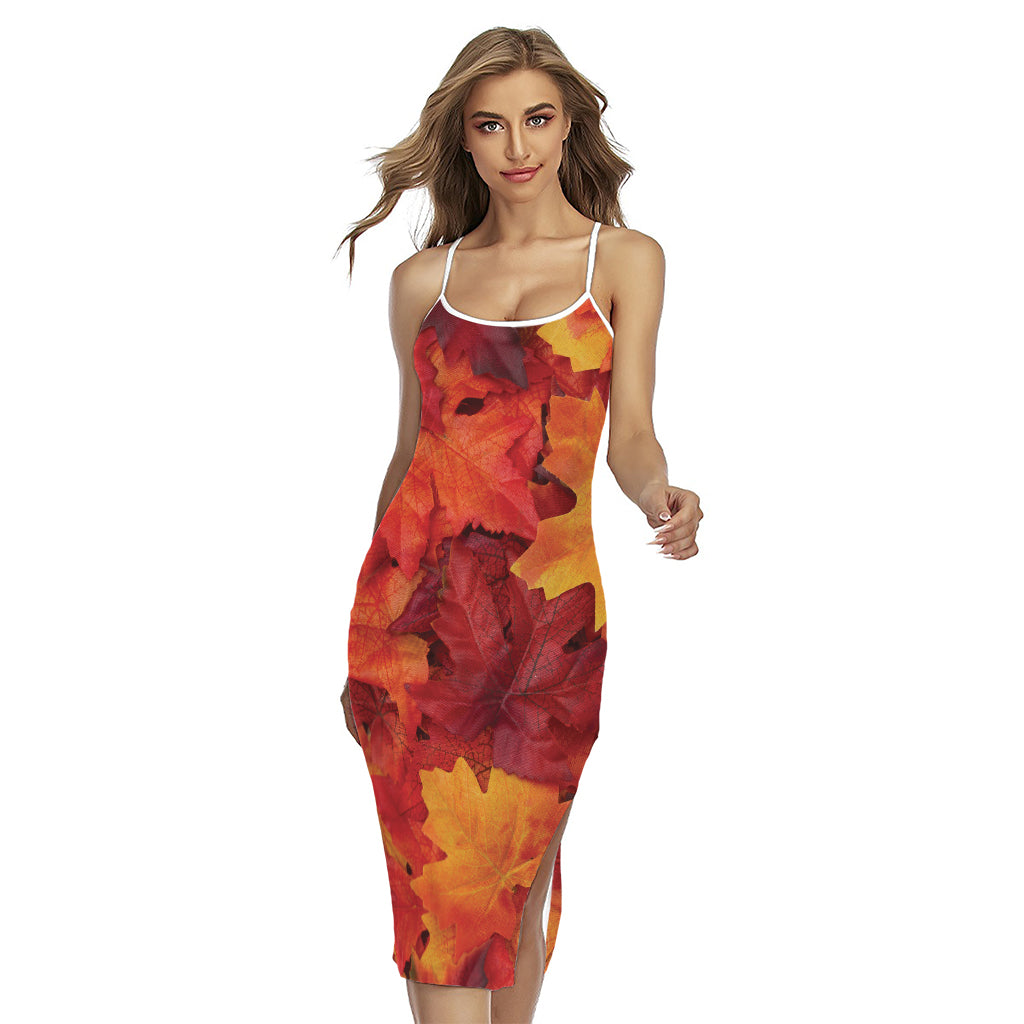 Autumn Maple Leaf Print Cross Back Cami Dress