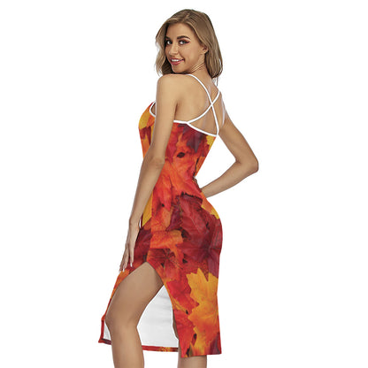 Autumn Maple Leaf Print Cross Back Cami Dress