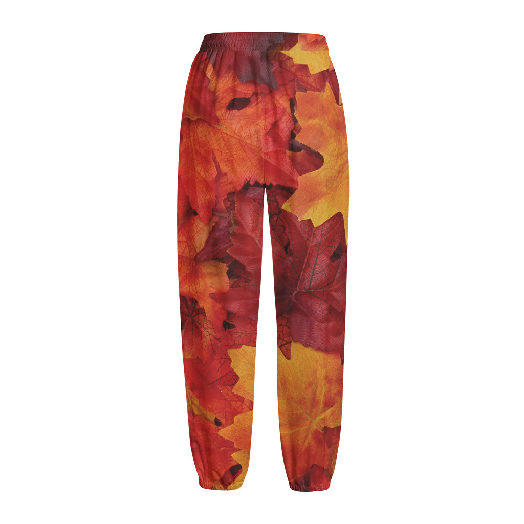 Autumn Maple Leaf Print Fleece Lined Knit Pants