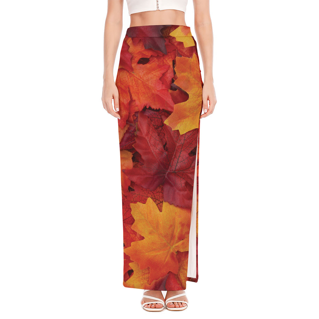 Autumn Maple Leaf Print High Slit Maxi Skirt