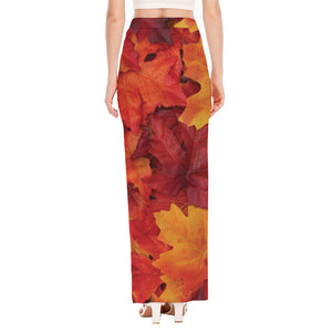 Autumn Maple Leaf Print High Slit Maxi Skirt