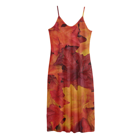 Autumn Maple Leaf Print Jersey Midi Cami Dress