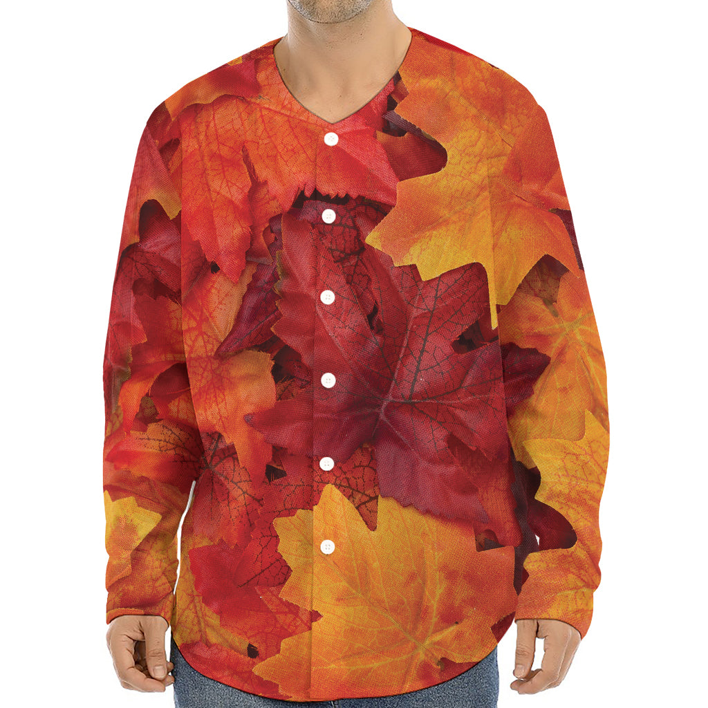 Autumn Maple Leaf Print Long Sleeve Baseball Jersey