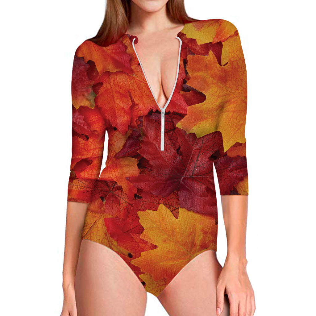 Autumn Maple Leaf Print Long Sleeve Swimsuit