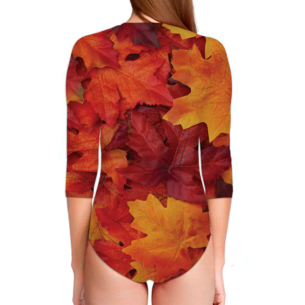 Autumn Maple Leaf Print Long Sleeve Swimsuit