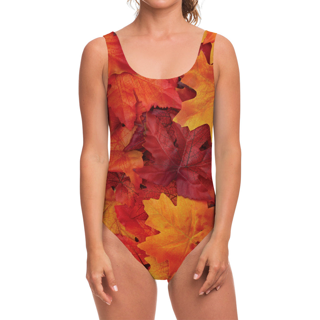 Autumn Maple Leaf Print One Piece Swimsuit