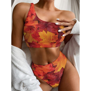 Autumn Maple Leaf Print One Shoulder Bikini Top