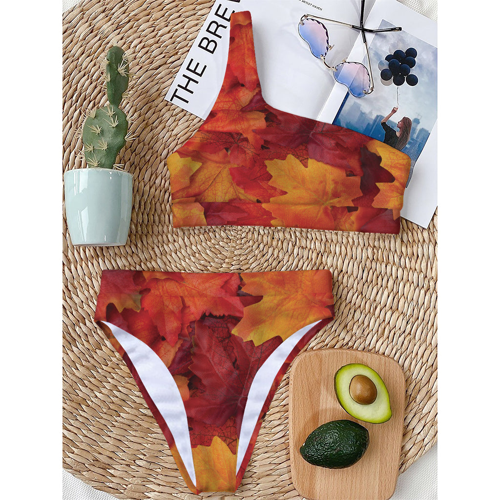 Autumn Maple Leaf Print One Shoulder Bikini Top