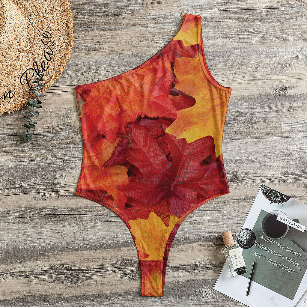 Autumn Maple Leaf Print One Shoulder Bodysuit