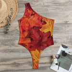 Autumn Maple Leaf Print One Shoulder Bodysuit