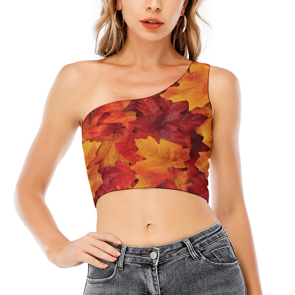 Autumn Maple Leaf Print One Shoulder Crop Top