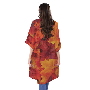 Autumn Maple Leaf Print Open Front Beach Cover Up