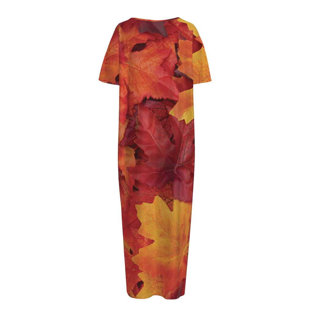 Autumn Maple Leaf Print Short Sleeve Long Nightdress