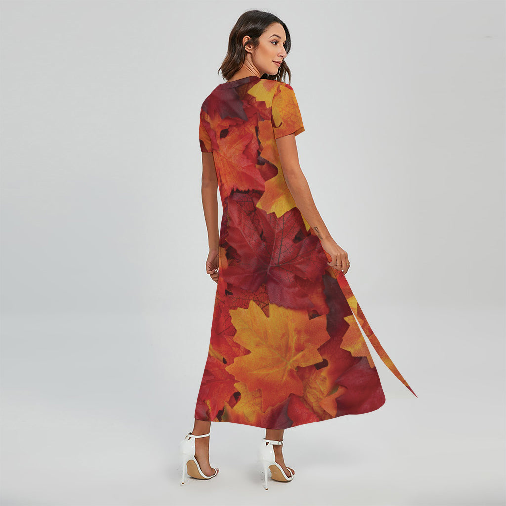 Autumn Maple Leaf Print Short Sleeve Maxi Dress