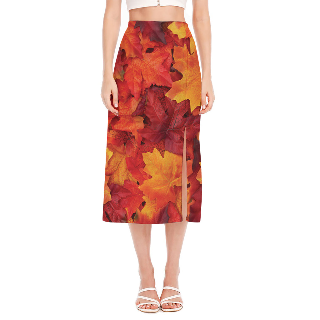 Autumn Maple Leaf Print Side Slit Midi Skirt