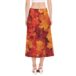 Autumn Maple Leaf Print Side Slit Midi Skirt