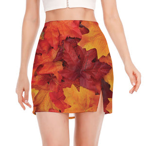 Autumn Maple Leaf Print Side Slit Mini Skirt