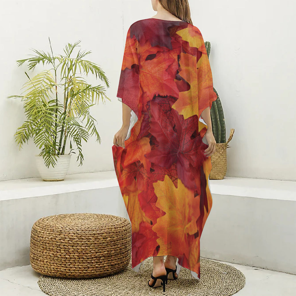 Autumn Maple Leaf Print Silk V-Neck Kaftan Dress