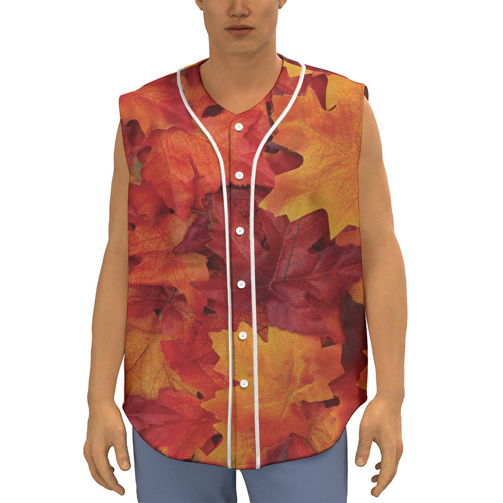 Autumn Maple Leaf Print Sleeveless Baseball Jersey