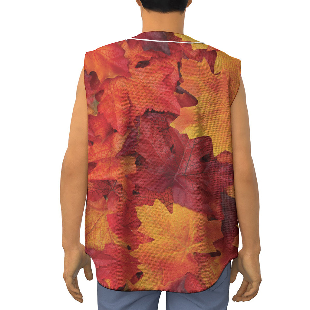 Autumn Maple Leaf Print Sleeveless Baseball Jersey