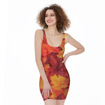 Autumn Maple Leaf Print Sleeveless Bodycon Dress