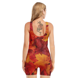 Autumn Maple Leaf Print Sleeveless One Piece Swimsuit