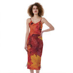 Autumn Maple Leaf Print Slim Fit Midi Cami Dress