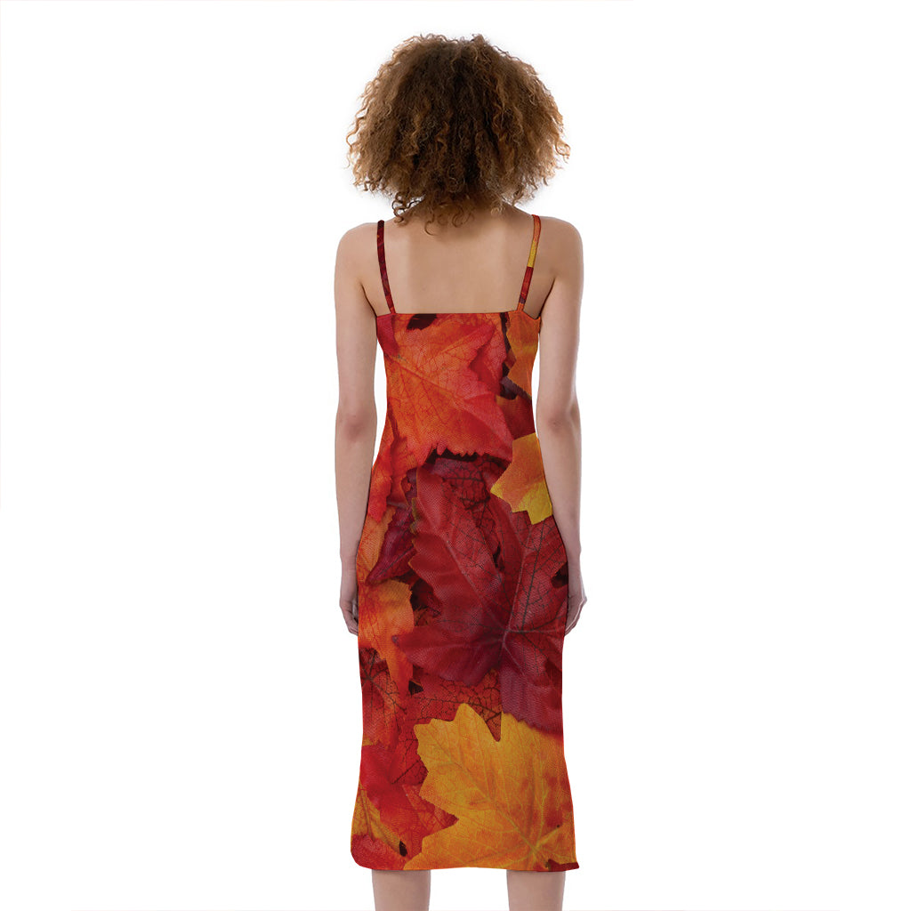 Autumn Maple Leaf Print Slim Fit Midi Cami Dress