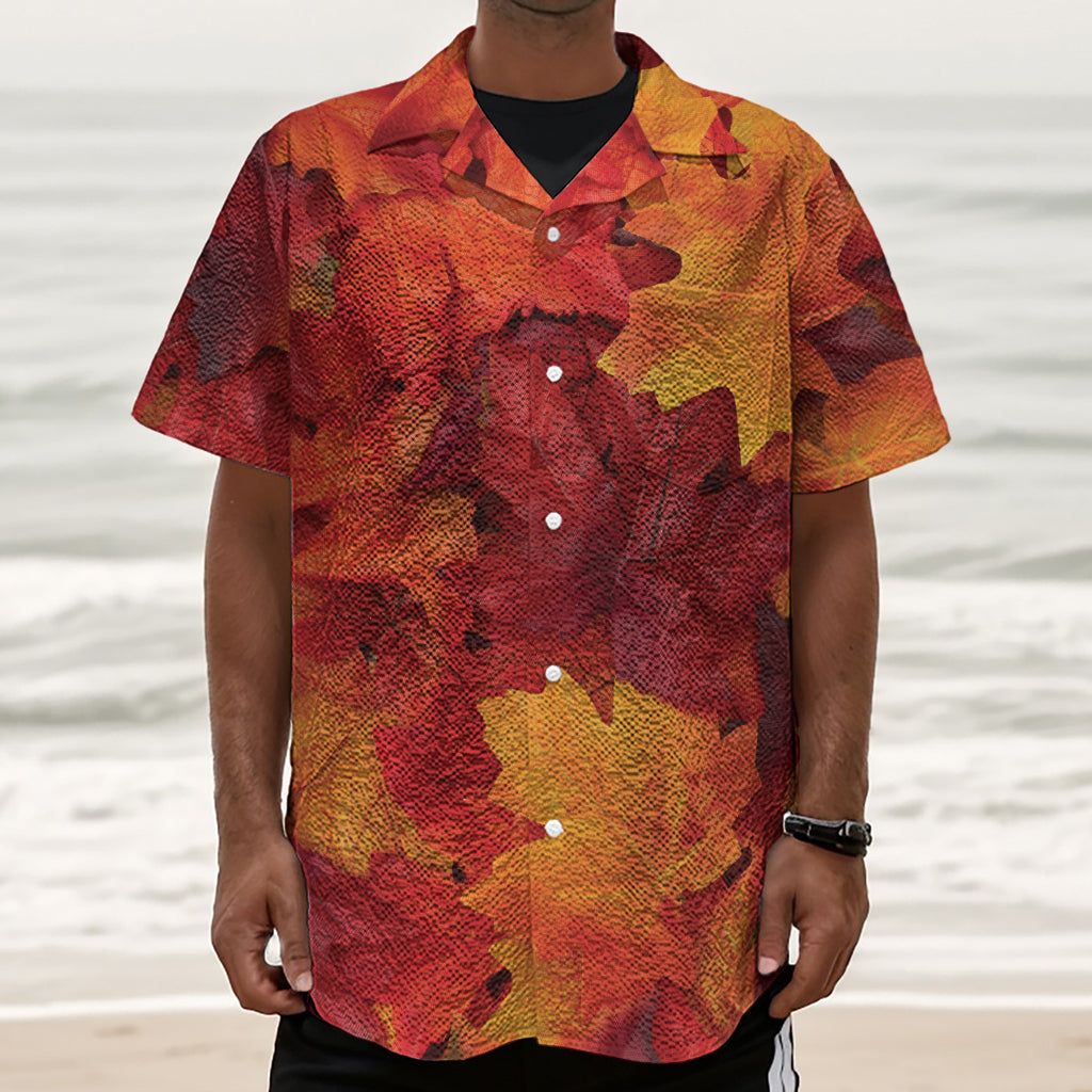 Autumn Maple Leaf Print Textured Short Sleeve Shirt