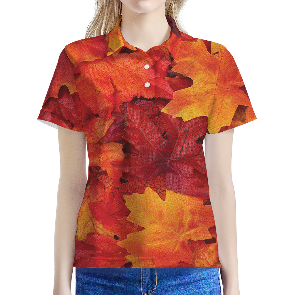 Autumn Maple Leaf Print Women's Polo Shirt