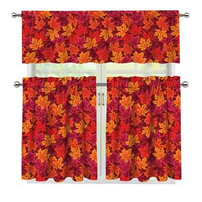 Autumn Maple Leaves Pattern Print 3 Piece Kitchen Curtains