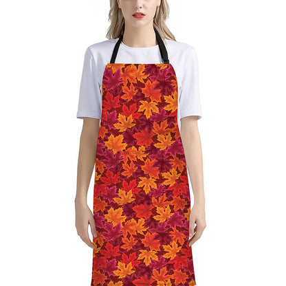 Autumn Maple Leaves Pattern Print Bib Apron With Pocket