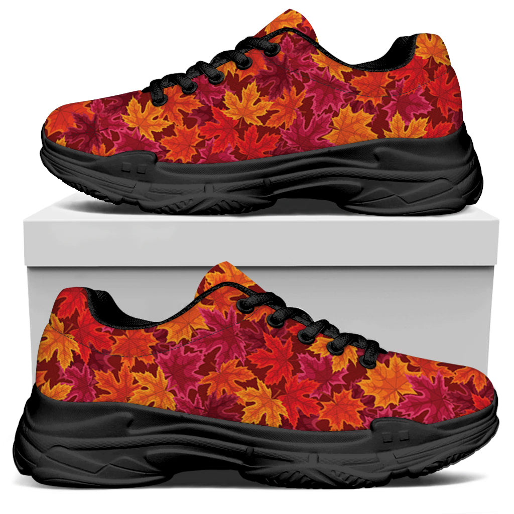 Autumn Maple Leaves Pattern Print Black Chunky Shoes