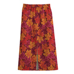 Autumn Maple Leaves Pattern Print Cotton Front Slit Maxi Skirt