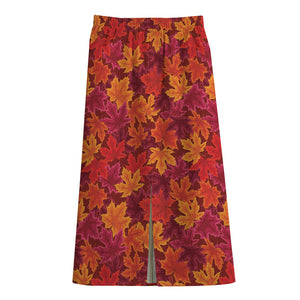 Autumn Maple Leaves Pattern Print Cotton Front Slit Maxi Skirt