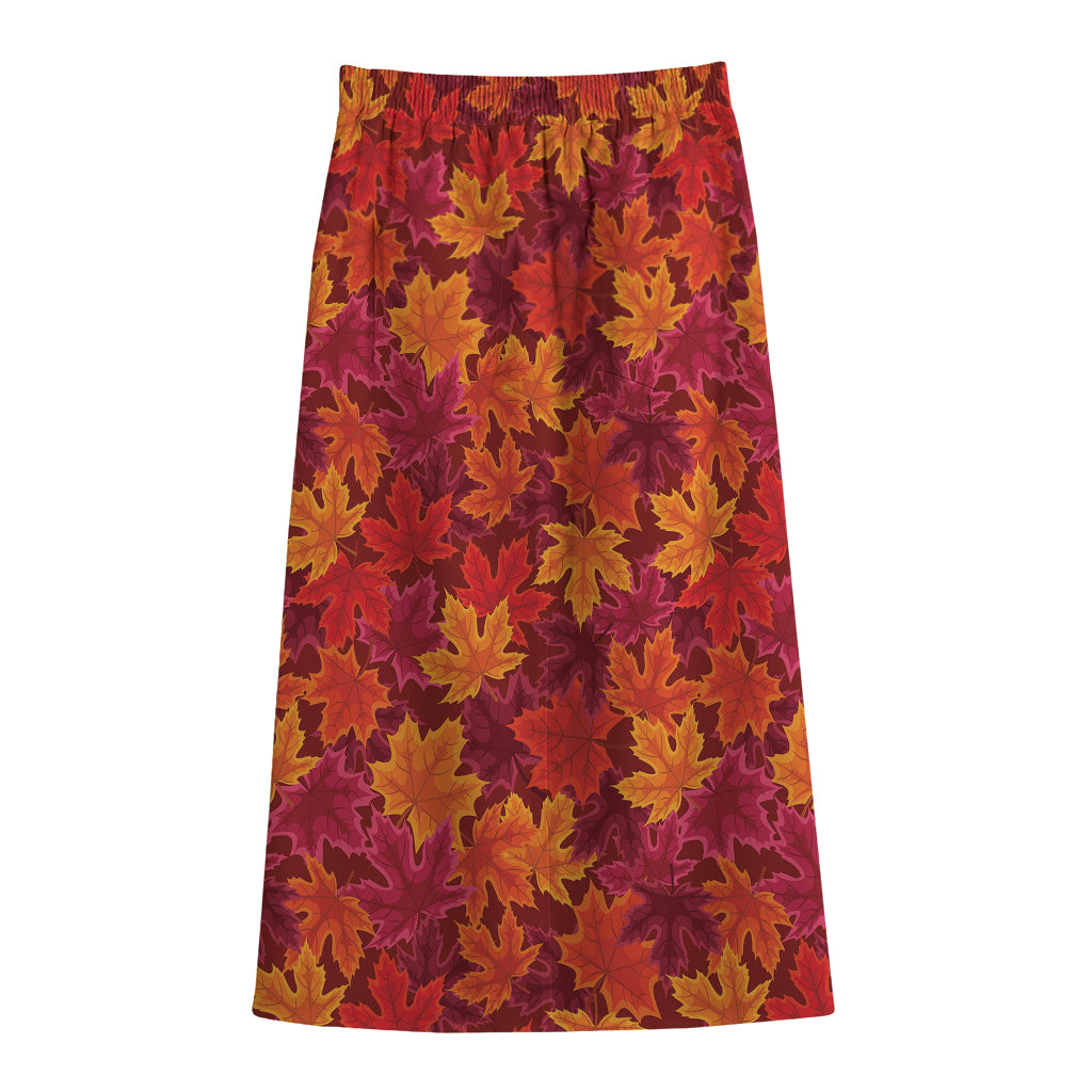 Autumn Maple Leaves Pattern Print Cotton Front Slit Maxi Skirt