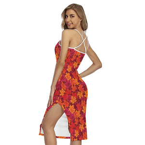 Autumn Maple Leaves Pattern Print Cross Back Cami Dress