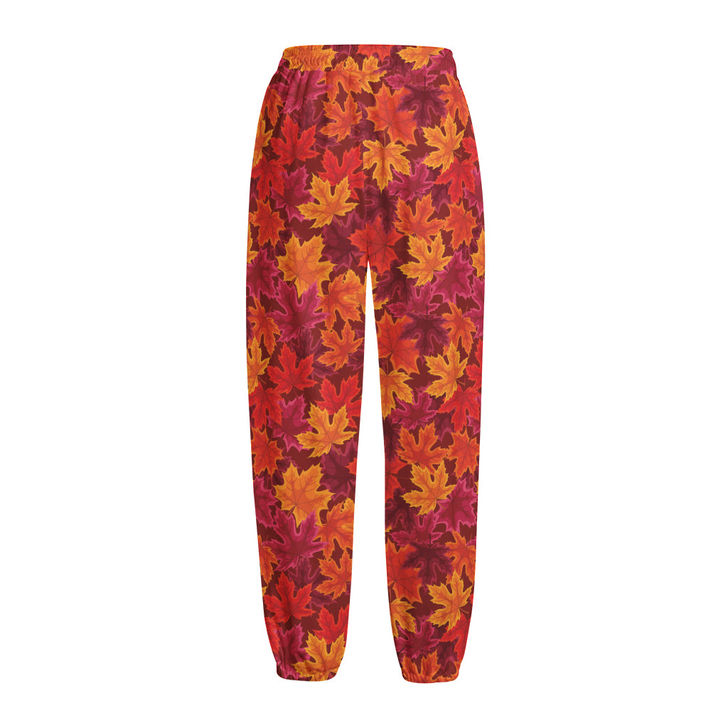 Autumn Maple Leaves Pattern Print Fleece Lined Knit Pants