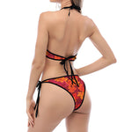 Autumn Maple Leaves Pattern Print Halter Scoop Tie Side Bikini