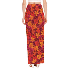 Autumn Maple Leaves Pattern Print High Slit Maxi Skirt