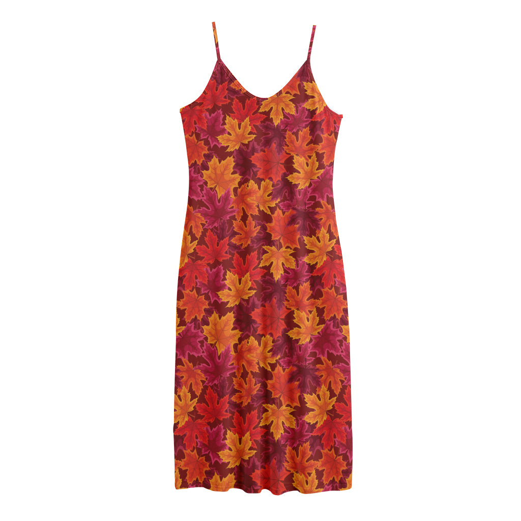 Autumn Maple Leaves Pattern Print Jersey Midi Cami Dress