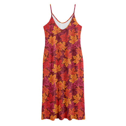 Autumn Maple Leaves Pattern Print Jersey Midi Cami Dress