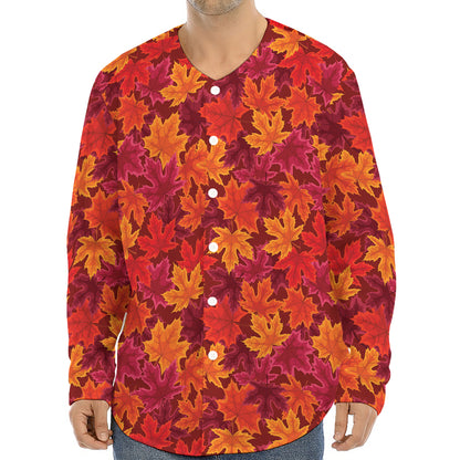 Autumn Maple Leaves Pattern Print Long Sleeve Baseball Jersey