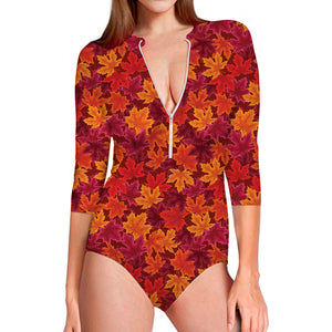 Autumn Maple Leaves Pattern Print Long Sleeve Swimsuit