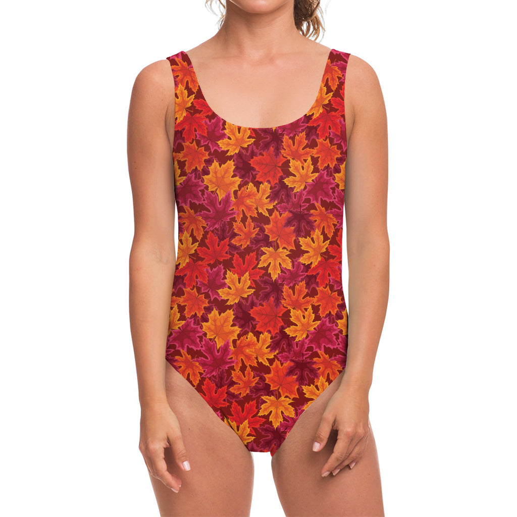 Autumn Maple Leaves Pattern Print One Piece Swimsuit