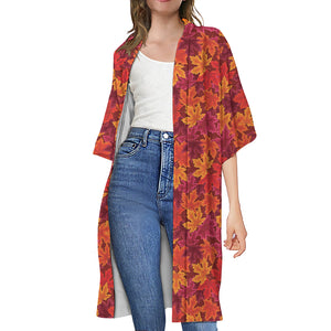 Autumn Maple Leaves Pattern Print Open Front Beach Cover Up